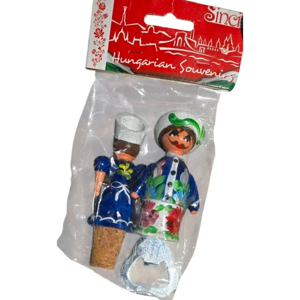 NWT  HUNGARY Girl & Boy‎ WOODEN WINE BOTTLE CORK STOPPER & OPENER Handpainted